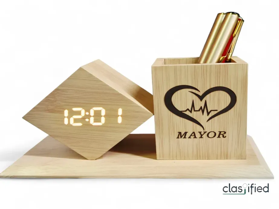 Modern Wooden Desk Organizer with Time Display