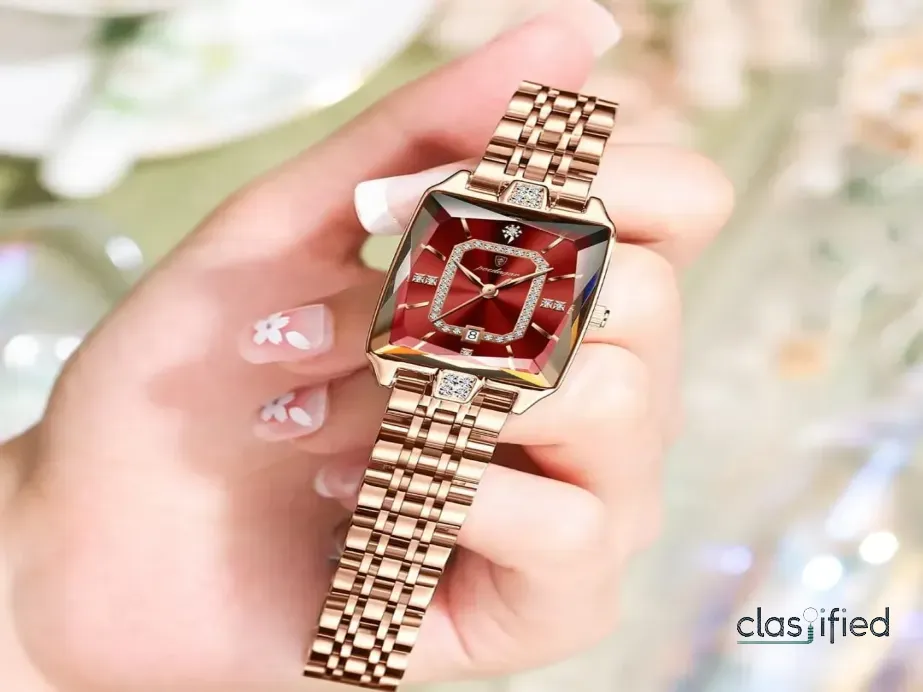 Rose Gold Women’s Watch with Red Dial and Rhinestone Accents
