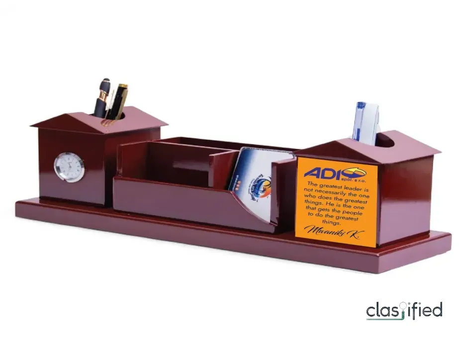 Branded Wooden Desk Organizer with Clock and Pen Holder