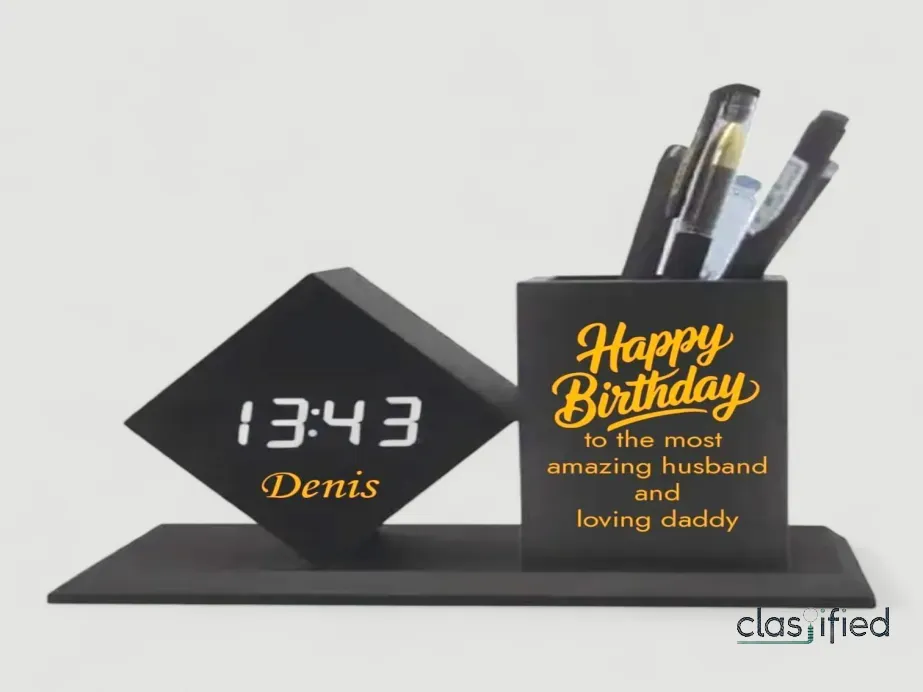 Premium Black Wooden Pen Holder with LED Digital Clock