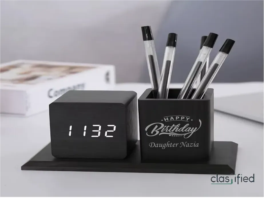 Personalized Black Wooden Desk Organizer with Digital Clock
